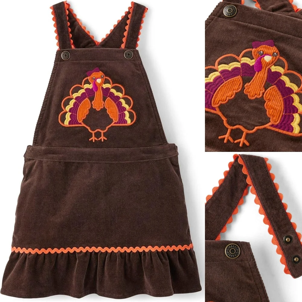 Gymboree Girls Turkey Thanksgiving Overalls Brown Corduroy Dress Size 12 NEW
